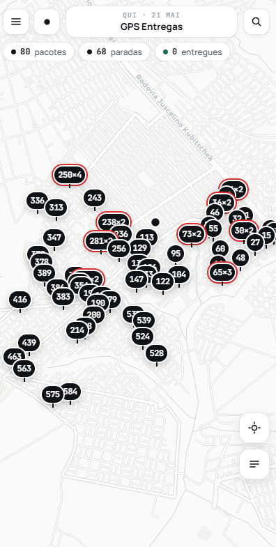 Screenshot do Rota040 com mapa e pins de entrega